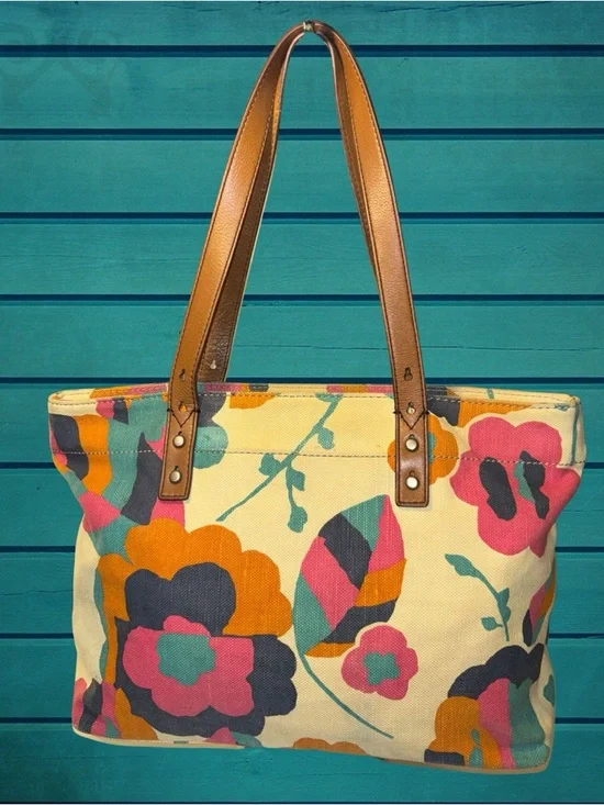 Fossil Cream Canvas Tote with Multicolor Floral Print and Brown Leather Handles - Picture 2 of 13